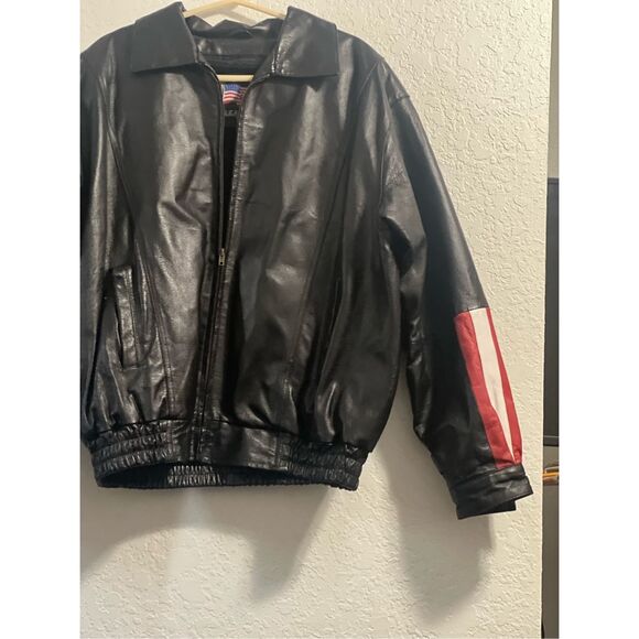 Leather USA SZ LG Jacket Motorcyle Black American Eagle Flag Red Biker America - Picture 4 of 6